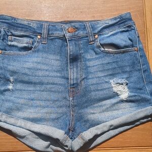 Celebrity Pink High Waisted Blue Jean Shorts with Distressed Details